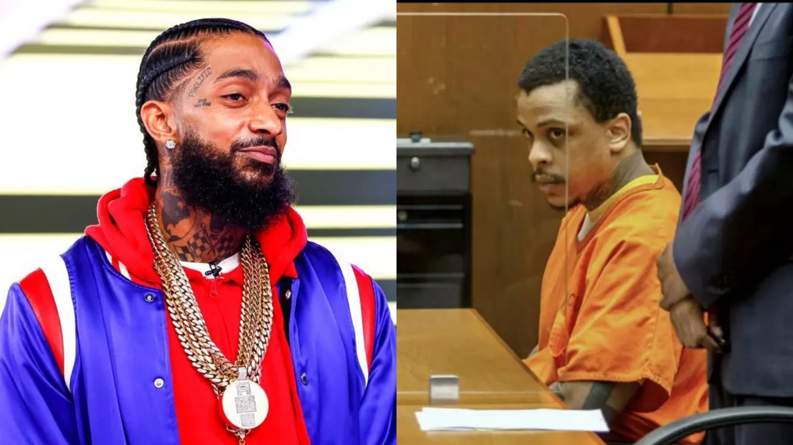 A collage of the late rapper Nipsey Hussle and Eric Holder Jr