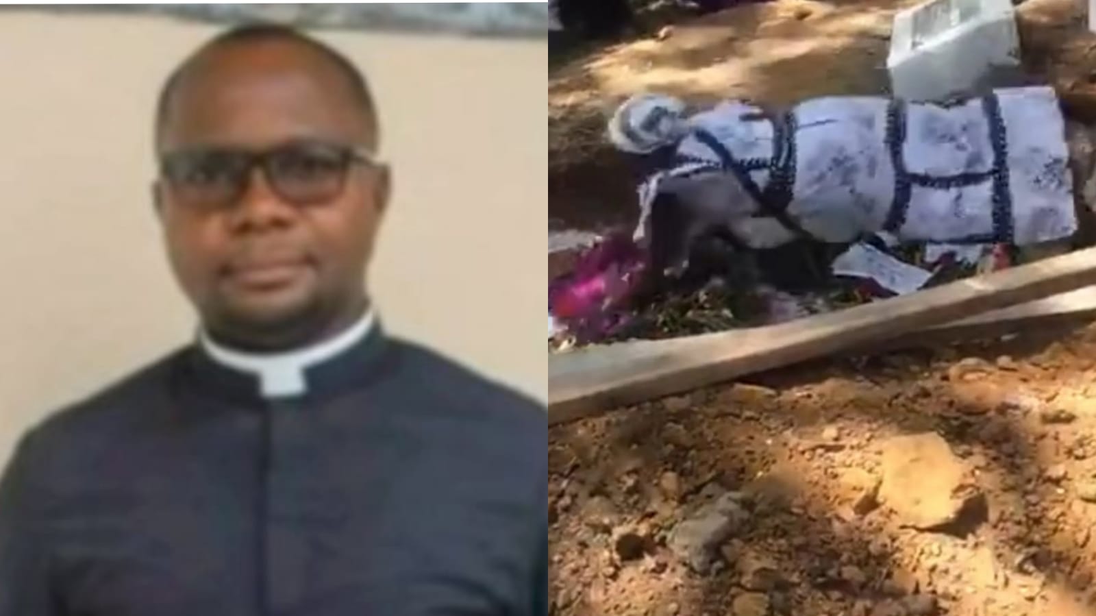 A collage of The late father Benard and the woman who jumped on his coffin