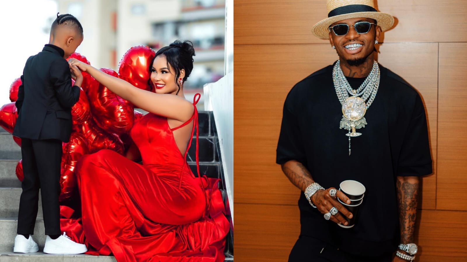A collage of Hamisa Mobetto, Dylan and Diamond Platnumz