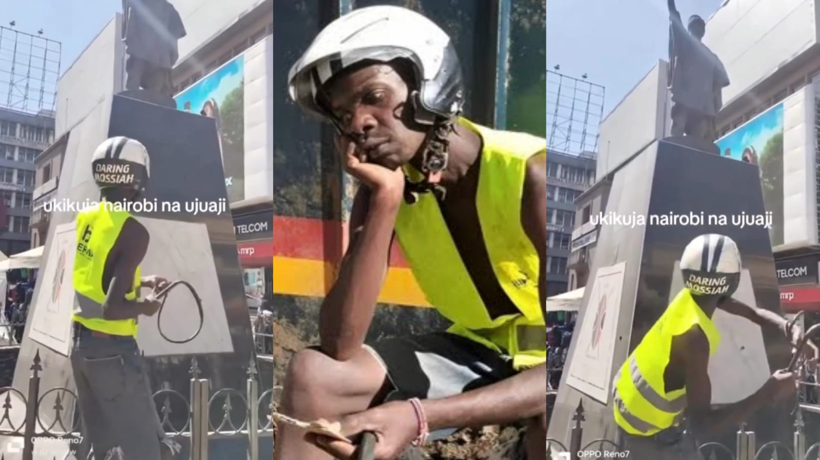 Content Creator Arap Marindich whips a statue of Tom Mboya along Moi avenue