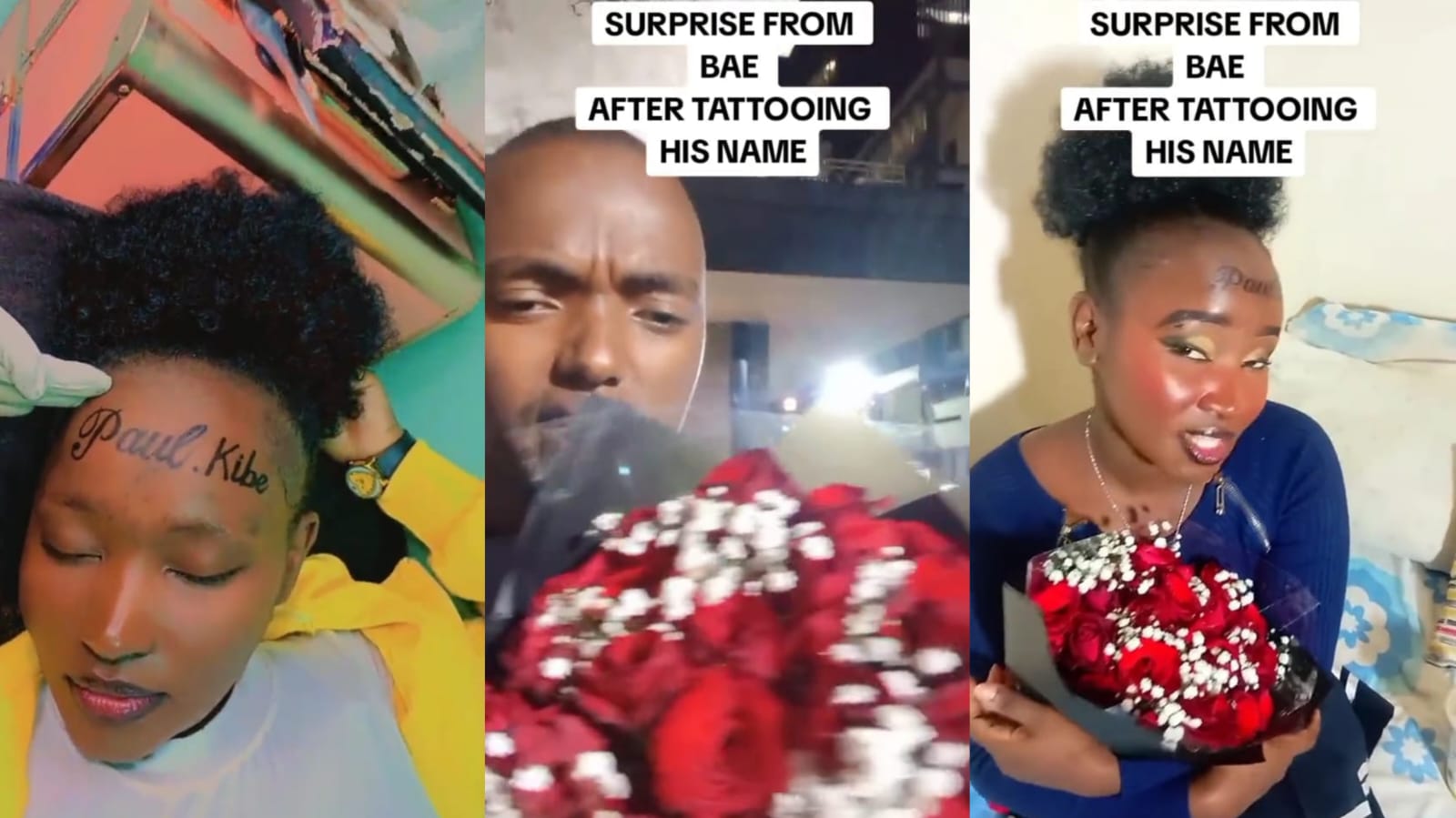 Lizah Njeri receives flowers from her boyfriend Paul Kibe