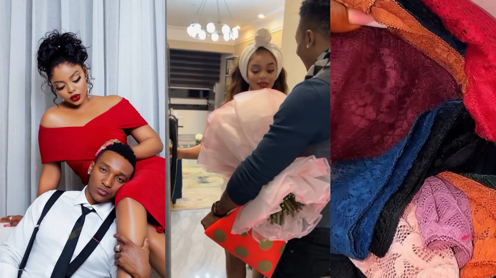 Brown Mauzo Surprises His Girlfriend Kabinga JR With A 100 Pairs Of Panties, Accompanied By A Bouquet Of Flowers And A Bottle Of WineBrown Mauzo Surprises His Girlfriend Kabinga JR With A 100 Pairs Of Panties, Accompanied By A Bouquet Of Flowers And