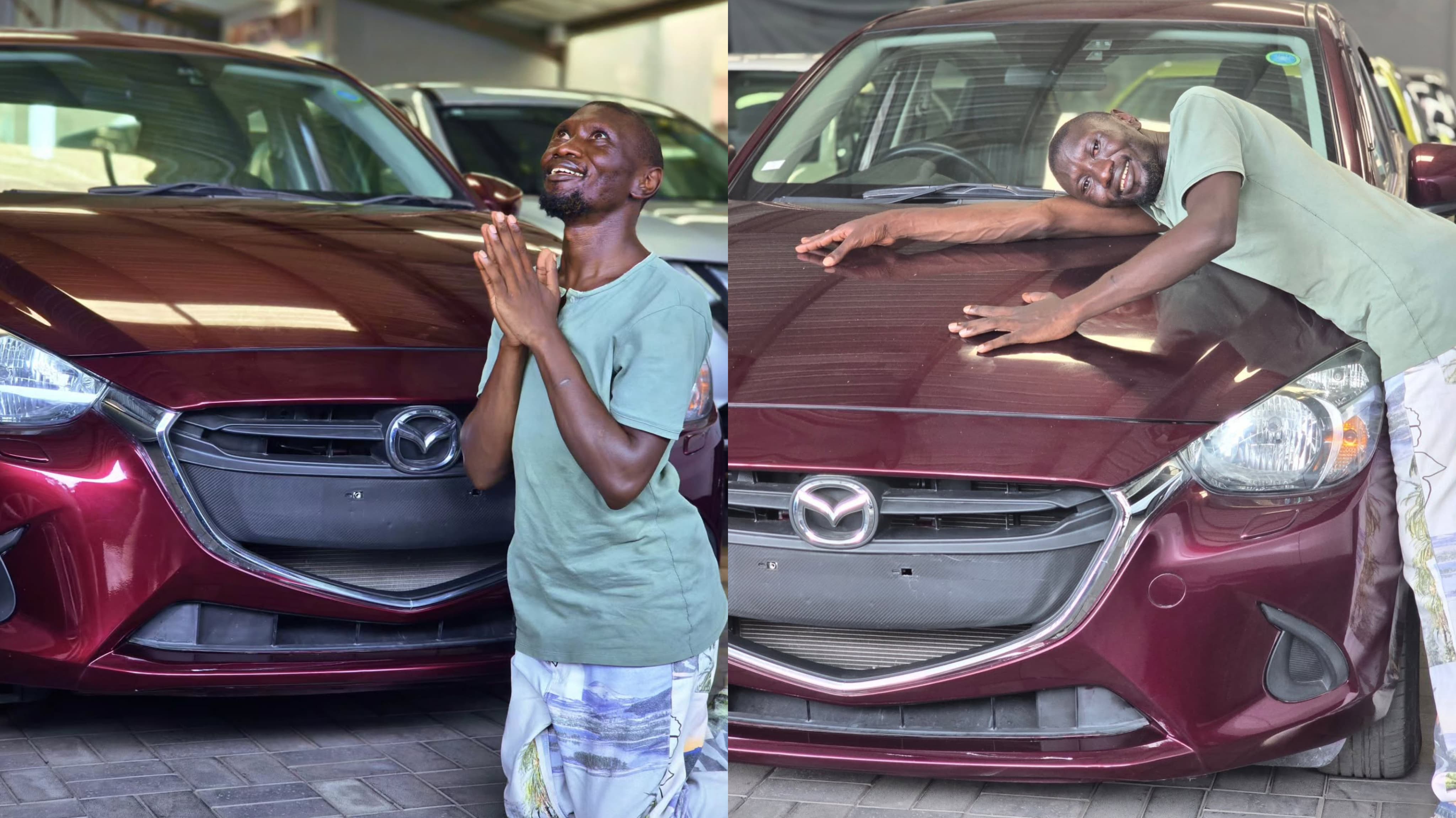 Stevo Simple Boy poses for a photo with his Mazda Demio